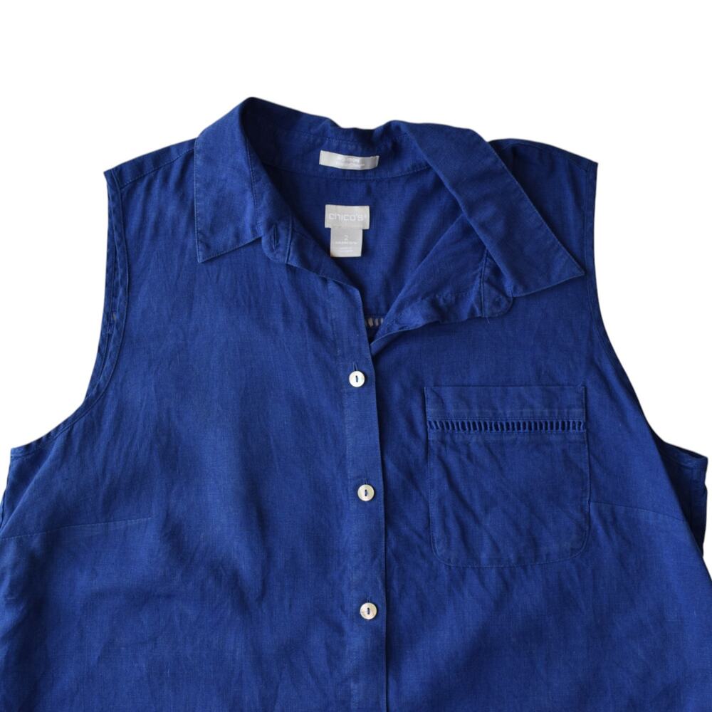 Chico’s 100% Linen Sleeveless Button Up Top Blue Size Large - Picture 2 of 5
